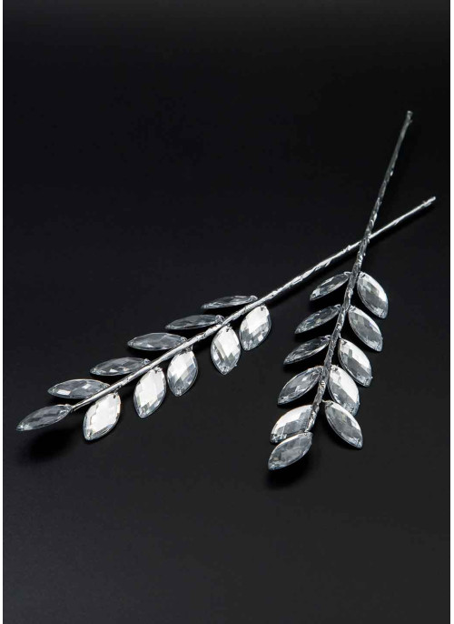 Гілочка-колосок з кристалами (листочки) 19см, 12шт. Срібні.