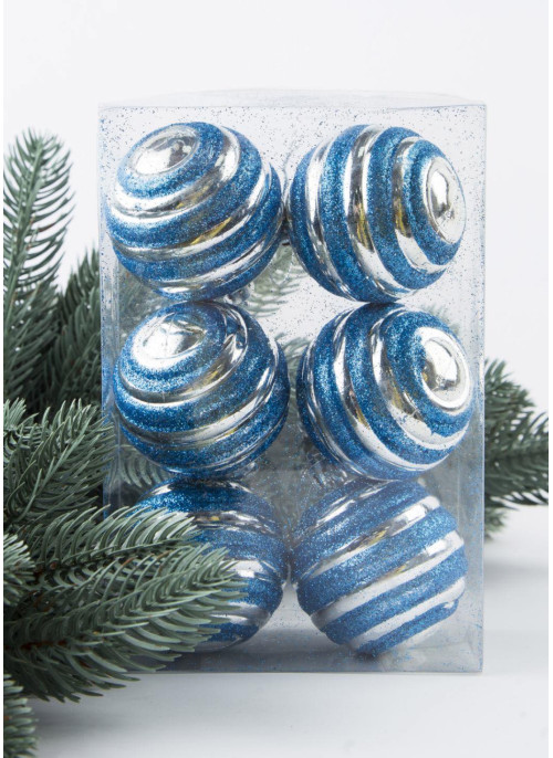 Куля 6см, РЕБРИСТА. срібло з синім глітером. Ціна за 1 уп.