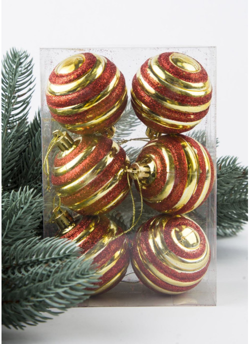 Куля 6см, РЕБРИСТА. золото з червоним глітером. Ціна за 1 уп.