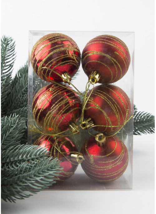 Куля 6см, червона з золотими лініями, 1 уп.