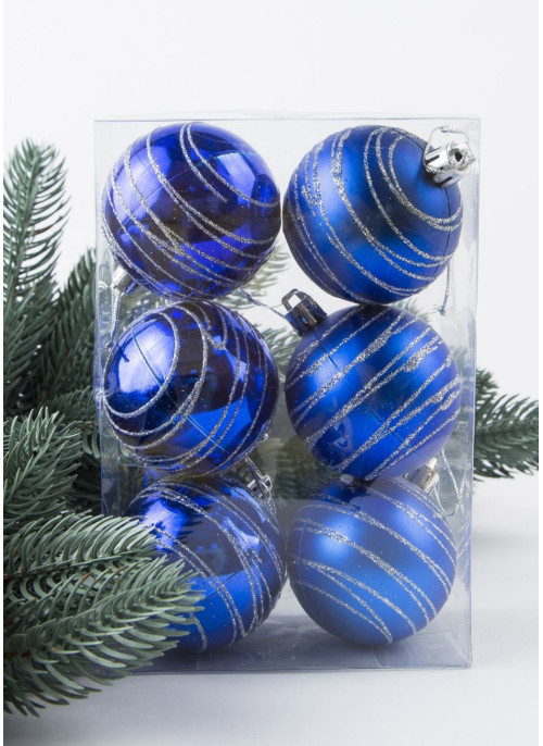 Куля 6см, синя з срібними лініями, 1 уп.