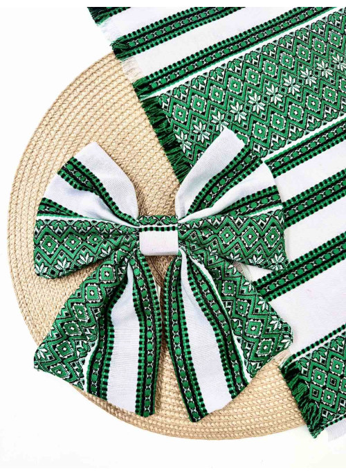 Декор на кошик, рушник та бант. №10. Зелн. на білому.