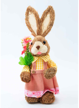 Зайчик з соломи, ДІВЧИНКА, з квітами, 35см,1шт.