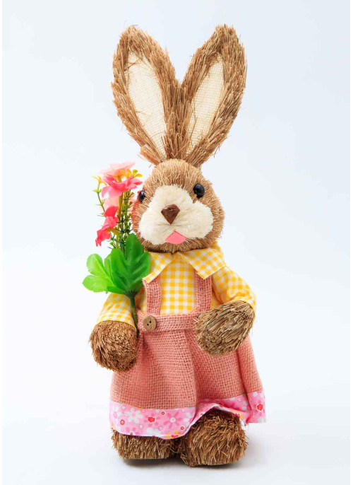 Зайчик з соломи, ДІВЧИНКА, з квітами, 35см,1шт.