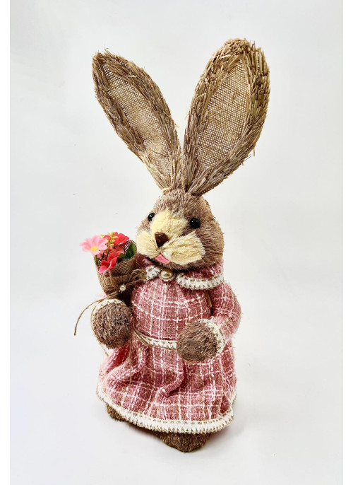 Зайчик з соломи, ДІВЧИНКА, Твідова рожева тканина. 45см, з морквинкою. 1шт.