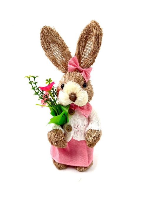 Зайчик з соломи, ДІВЧИНКА, з квітами, 26см,1шт.