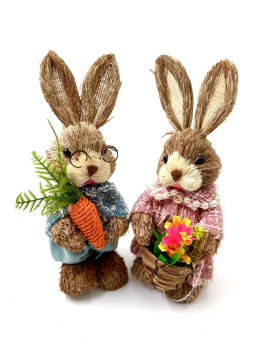 Зайчик з соломи, ДІВЧИНКА, Твідова тканина, кошик з квітами, 26см,1шт.