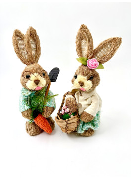 Зайчик з соломи, ДІВЧИНКА, з трояндою на голові, 26см,1шт.