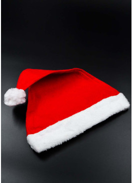 Шапка новорічна, червона з штучним хутром. 40см. 6 шт.
