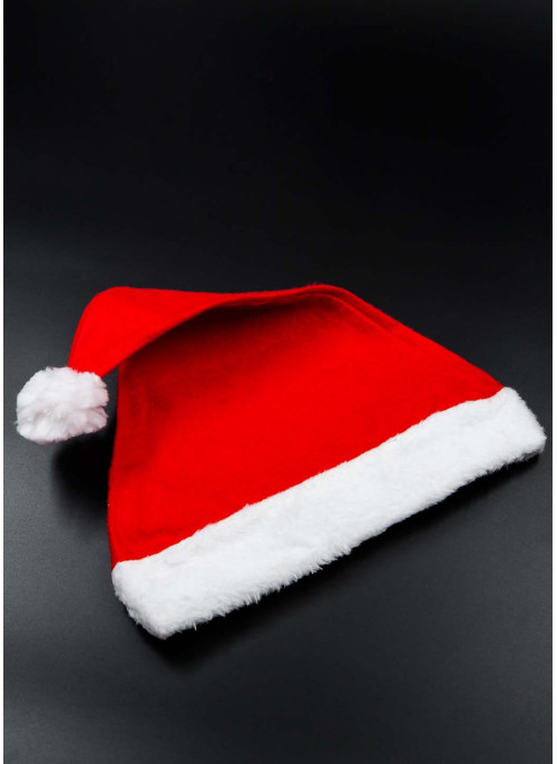 Шапка новорічна, червона з штучним хутром. 40см. 6 шт.