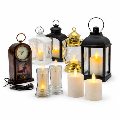 Лед свічки, ліхтарі, каміни та фігурки.